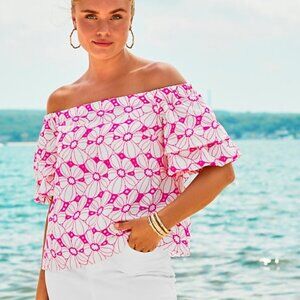 Lilly Pulitzer Razberry Botanical Chiffon Eyelet Lesley Off the Shoulder Blouse